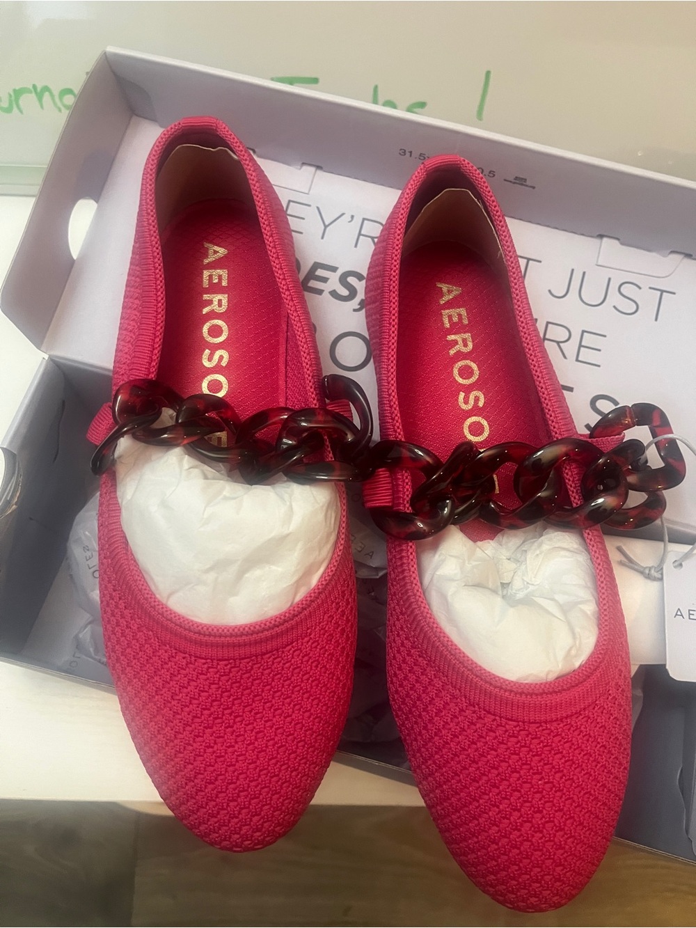 AEROSOLES Bright Pink Knit Flats with Tortoiseshell Chain
